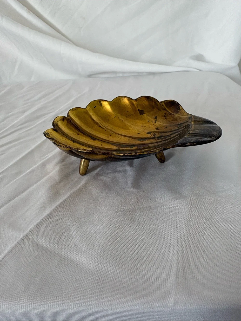Vintage brass footed sea shell tray trinket holder home decor accent midcentury